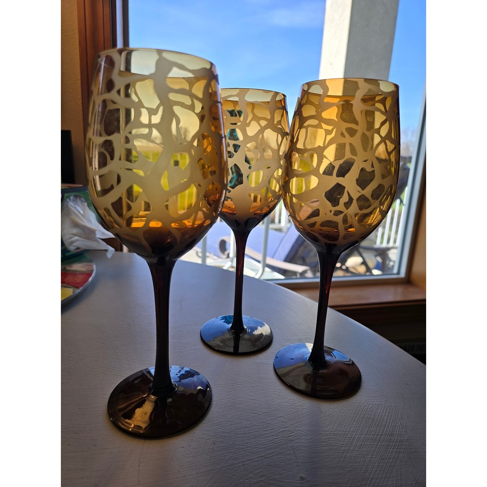 Set of 3 Amber Giraffe Print Etched Wine Glasses Brown Stem Safari‎ Barware